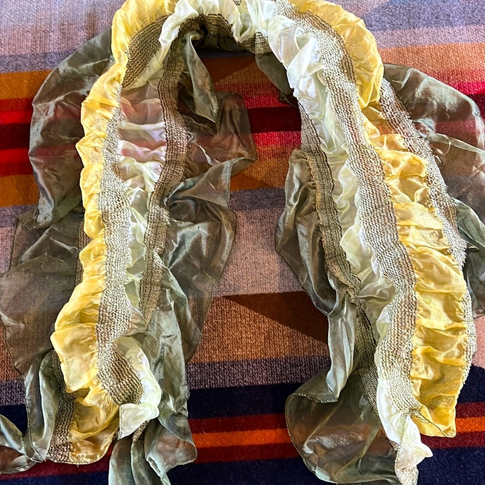 Springtime scarf in greens and yellow.  Shirred fabric adds bounce and body.
